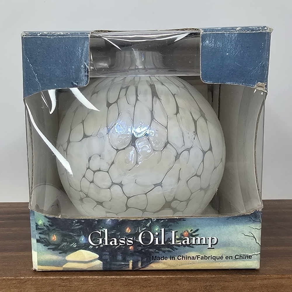 Vintage Traditions Hand Blown Glass Oil Lamp Clear White Pearl Iridescent NIB